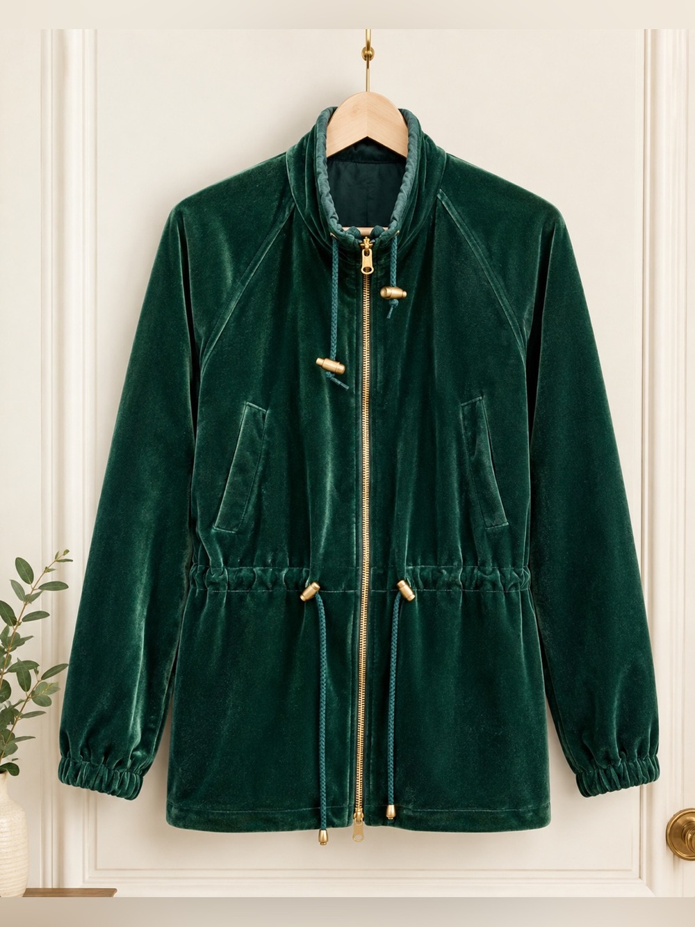 Velvet Drawstring Utility Jacket in Forest Green